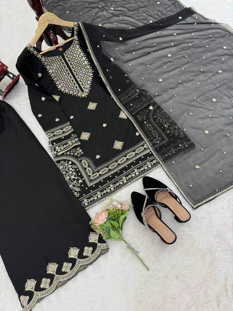 Black Roman Silk Embroidered Sharara Set with Faux Georgette Lace Border Dupatta ClothsVilla