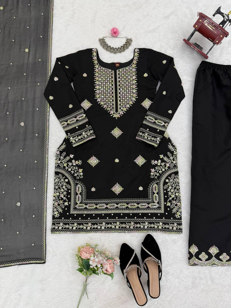 Black Roman Silk Embroidered Sharara Set with Faux Georgette Lace Border Dupatta ClothsVilla