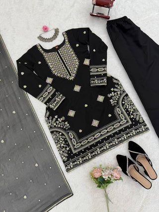 Black Roman Silk Embroidered Sharara Set with Faux Georgette Lace Border Dupatta ClothsVilla