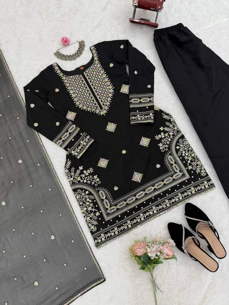 Black Roman Silk Embroidered Sharara Set with Faux Georgette Lace Border Dupatta ClothsVilla