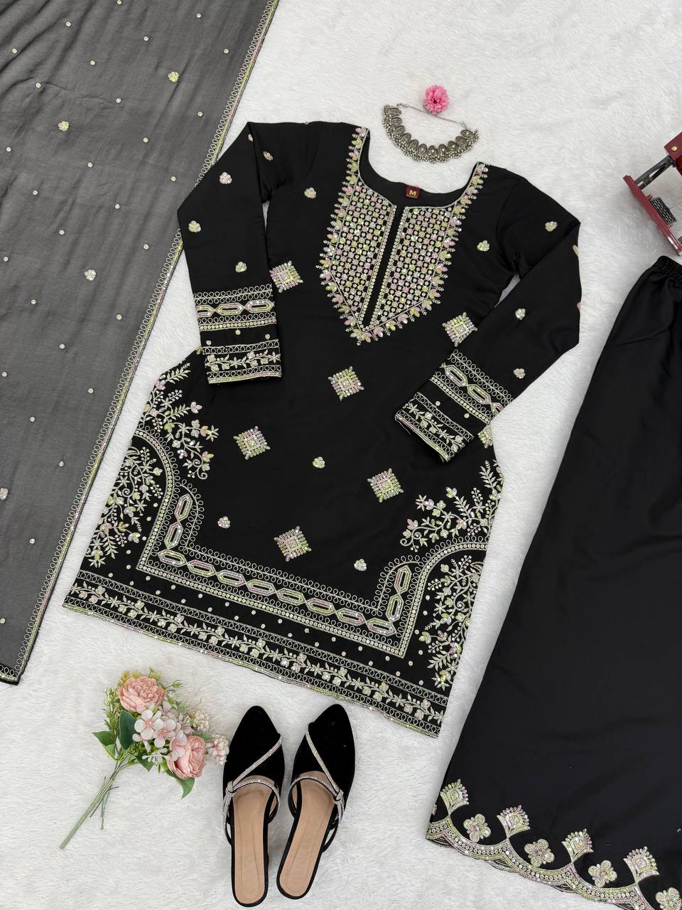 Black Roman Silk Embroidered Sharara Set with Faux Georgette Lace Border Dupatta ClothsVilla