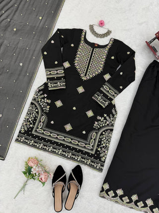 Black Roman Silk Embroidered Sharara Set with Faux Georgette Lace Border Dupatta ClothsVilla