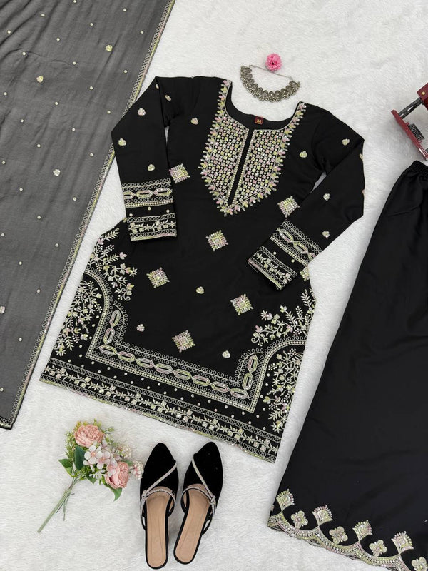 Black Roman Silk Embroidered Sharara Set with Faux Georgette Lace Border Dupatta ClothsVilla