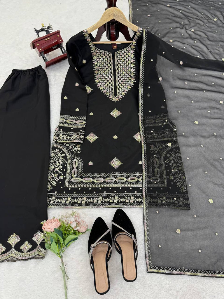 Black Roman Silk Embroidered Sharara Set with Faux Georgette Lace Border Dupatta ClothsVilla