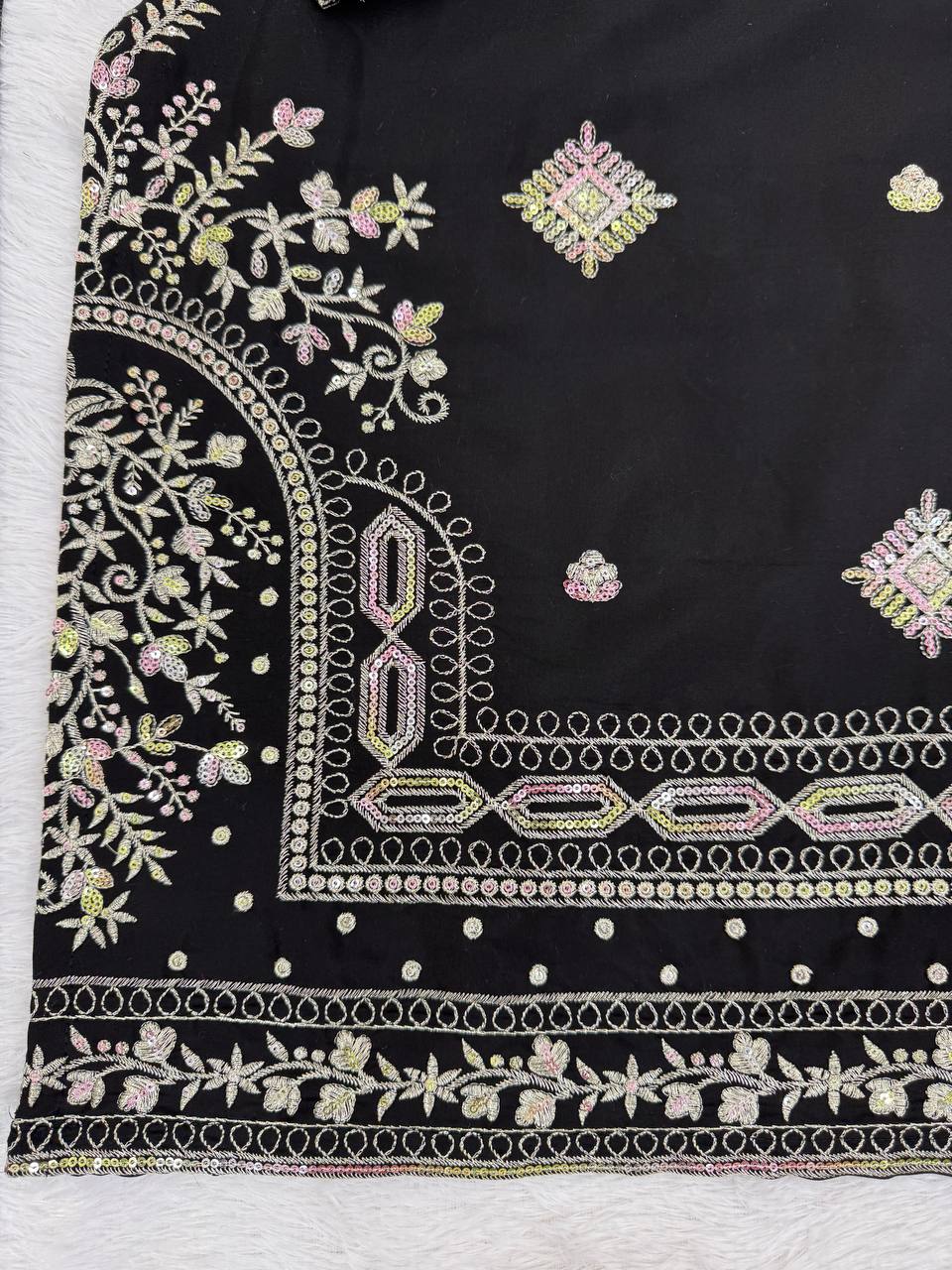 Black Roman Silk Embroidered Sharara Set with Faux Georgette Lace Border Dupatta ClothsVilla