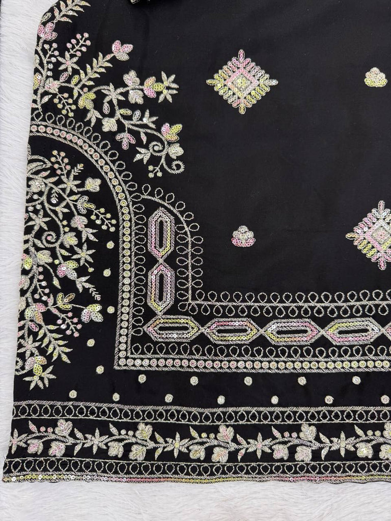 Black Roman Silk Embroidered Sharara Set with Faux Georgette Lace Border Dupatta ClothsVilla