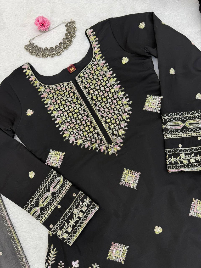 Black Roman Silk Embroidered Sharara Set with Faux Georgette Lace Border Dupatta ClothsVilla
