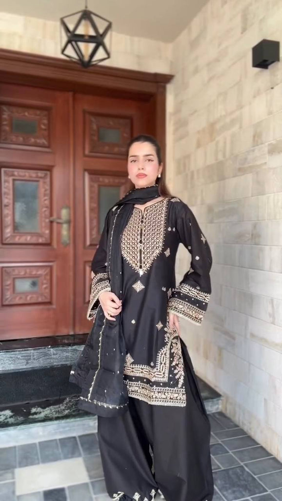 Black Roman Silk Embroidered Sharara Set with Faux Georgette Lace Border Dupatta ClothsVilla