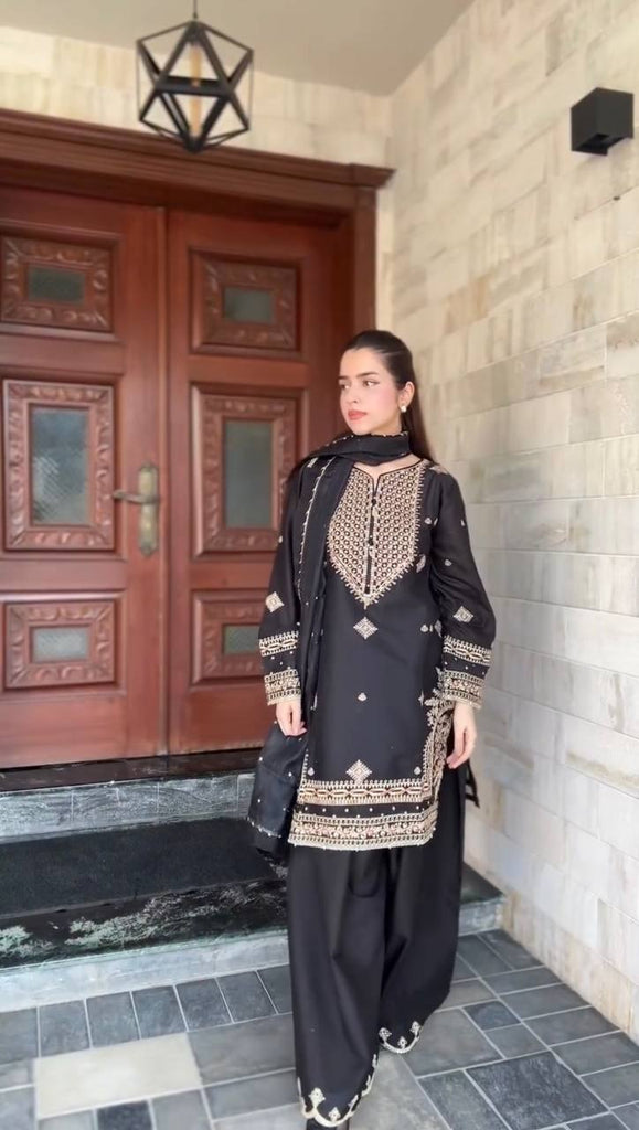 Black Roman Silk Embroidered Sharara Set with Faux Georgette Lace Border Dupatta ClothsVilla