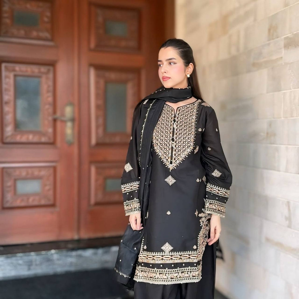 Black Roman Silk Embroidered Sharara Set with Faux Georgette Lace Border Dupatta ClothsVilla