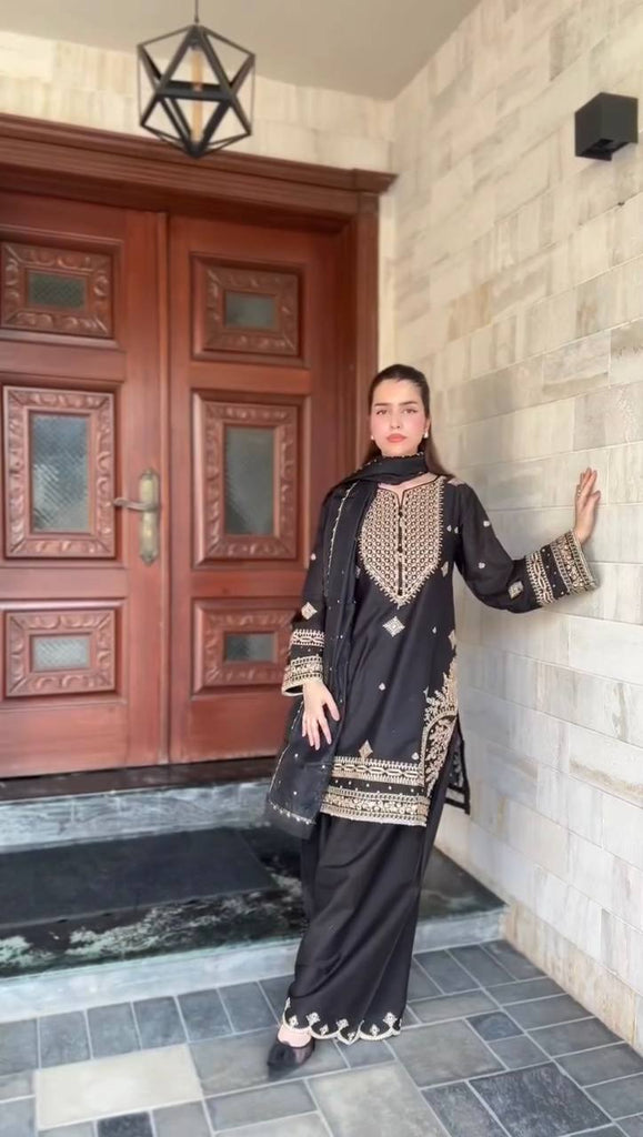 Black Roman Silk Embroidered Sharara Set with Faux Georgette Lace Border Dupatta ClothsVilla