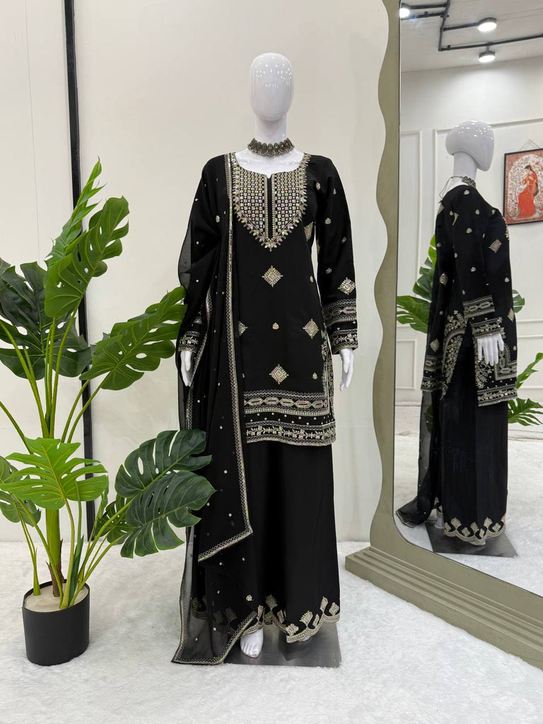 Black Roman Silk Embroidered Sharara Set with Faux Georgette Lace Border Dupatta ClothsVilla