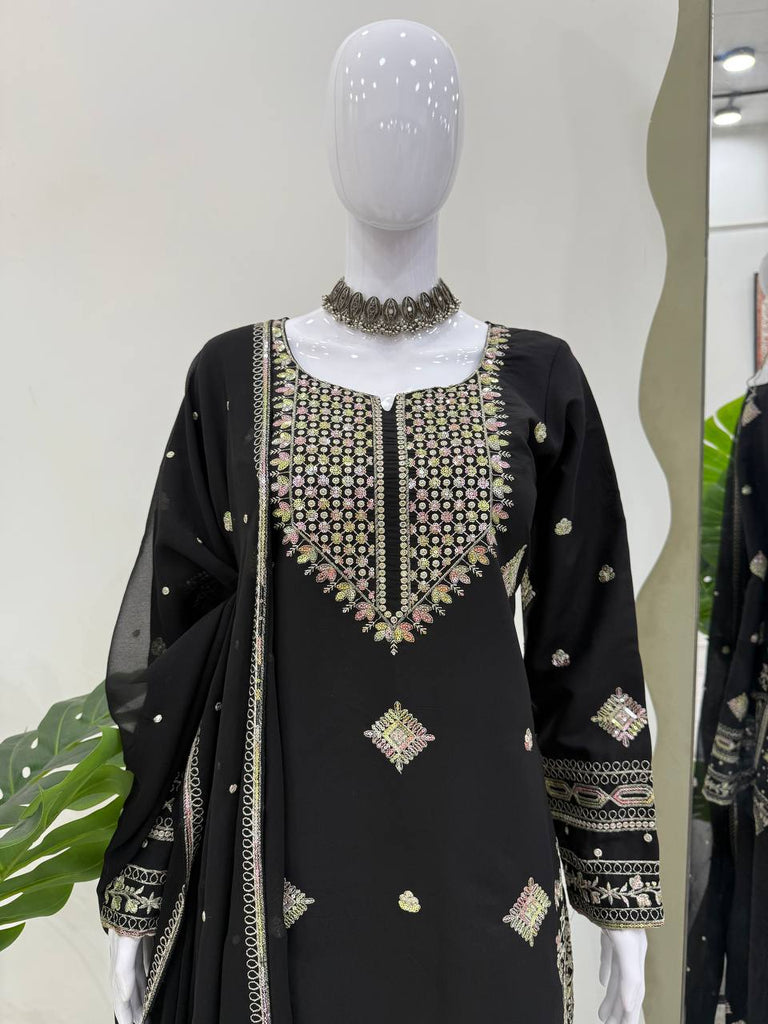 Black Roman Silk Embroidered Sharara Set with Faux Georgette Lace Border Dupatta ClothsVilla