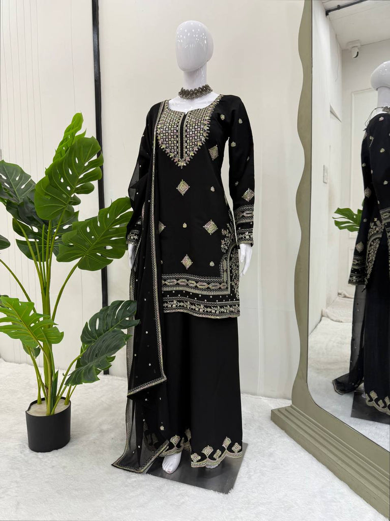 Black Roman Silk Embroidered Sharara Set with Faux Georgette Lace Border Dupatta ClothsVilla
