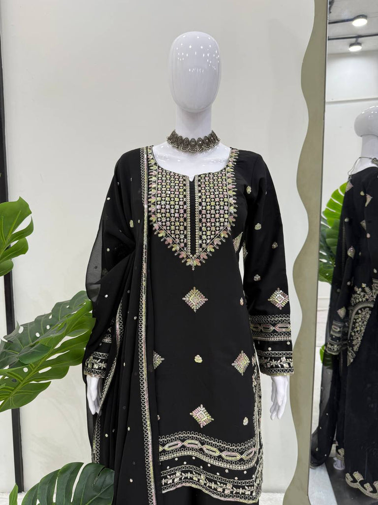 Black Roman Silk Embroidered Sharara Set with Faux Georgette Lace Border Dupatta ClothsVilla