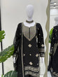 Load image into Gallery viewer, Black Roman Silk Embroidered Sharara Set with Faux Georgette Lace Border Dupatta ClothsVilla