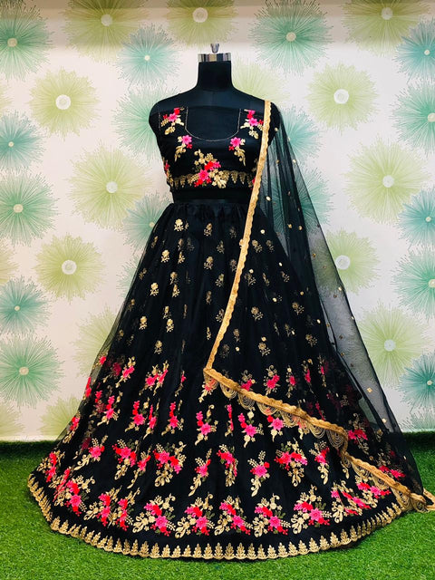 Black Royal Heavy Net Embroidered Lehenga Set – Zari & Thread Work ClothsVilla Main image