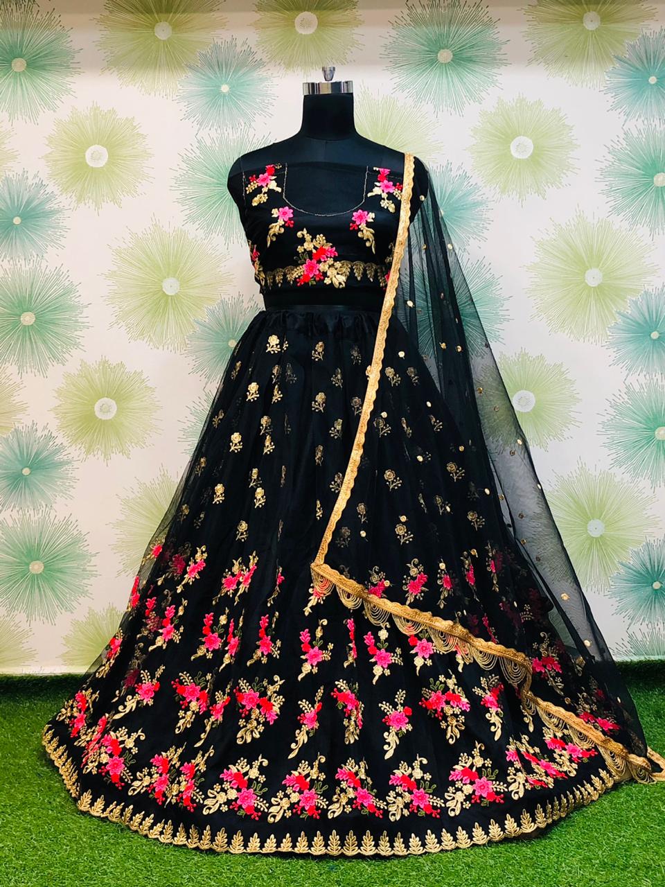 Black Royal Heavy Net Embroidered Lehenga Set – Zari & Thread Work ClothsVilla Main image