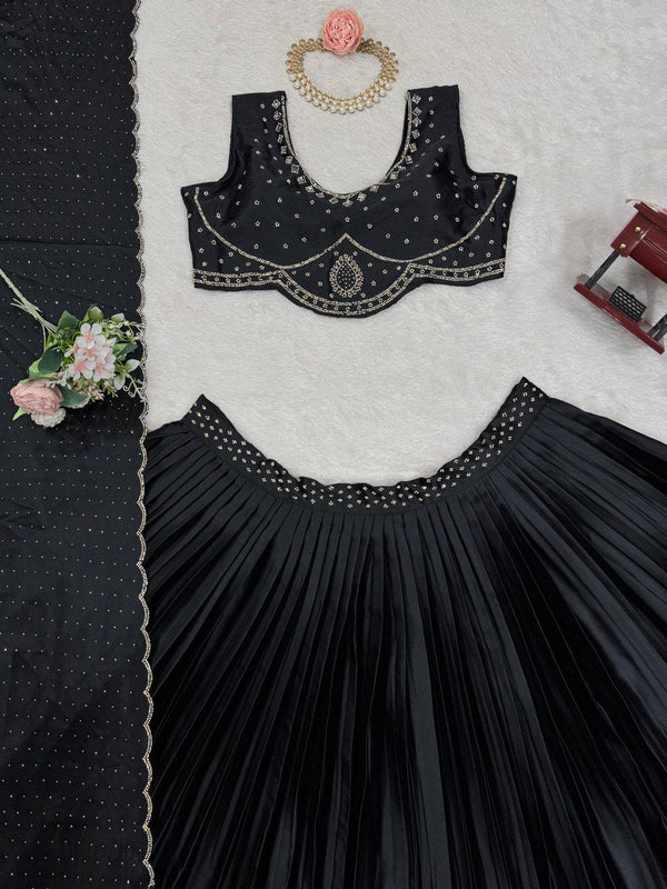 Black Royal Satin Silk Lehenga Set with Real Mirror & Hotfix Work ClothsVilla