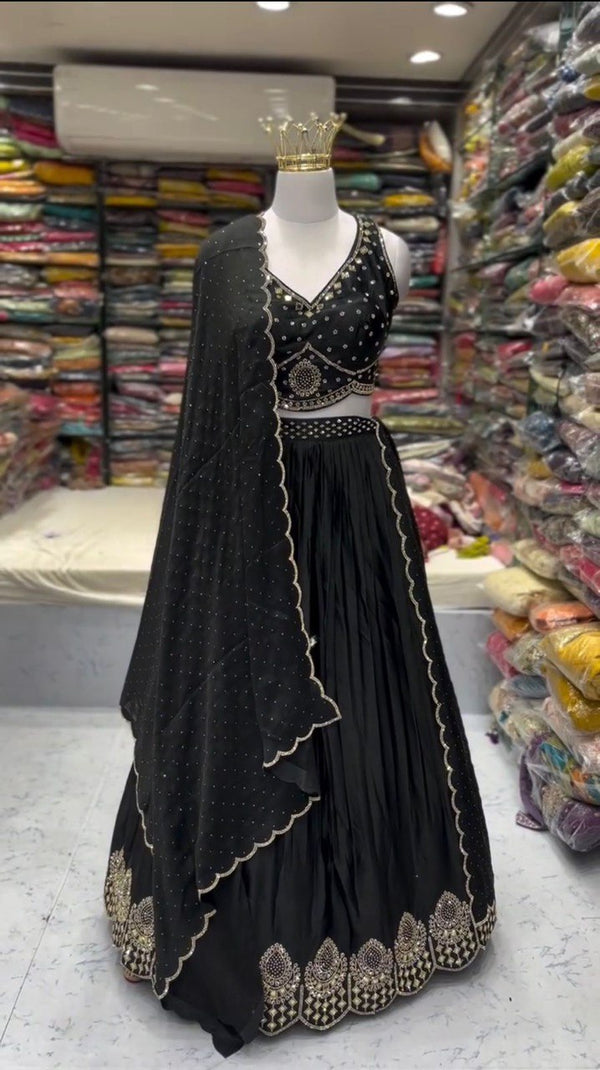 Black Royal Satin Silk Lehenga Set with Real Mirror & Hotfix Work ClothsVilla