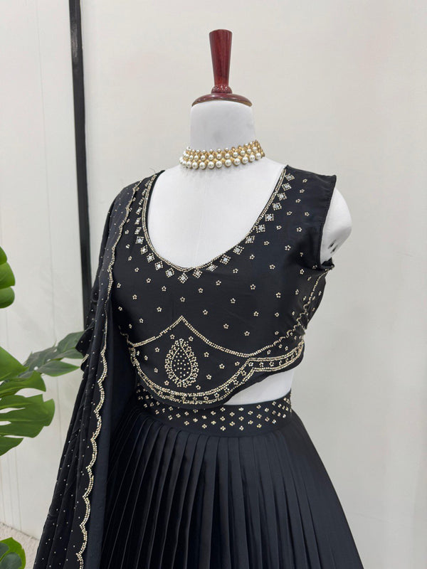 Black Royal Satin Silk Lehenga Set with Real Mirror & Hotfix Work ClothsVilla