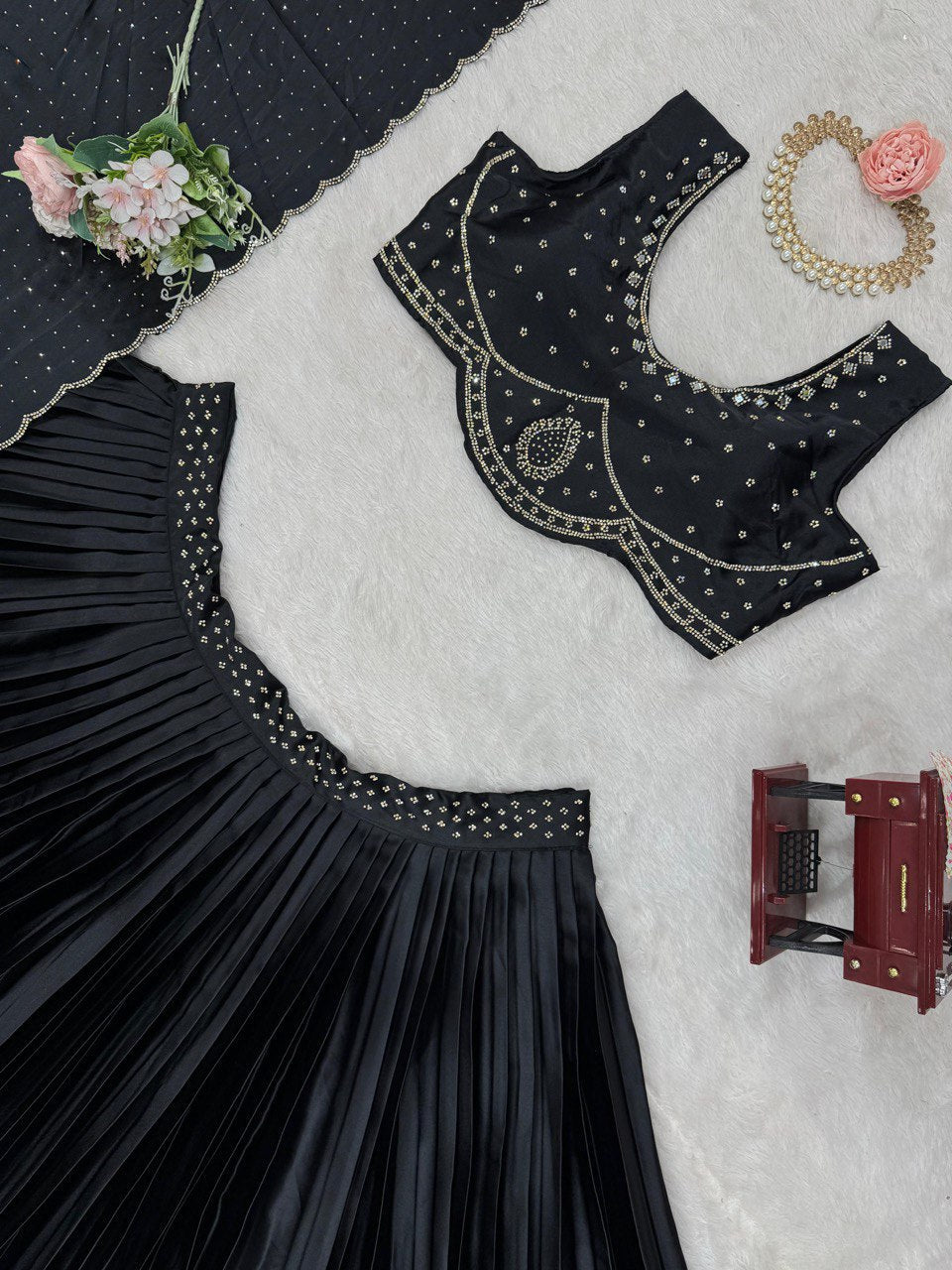Black Royal Satin Silk Lehenga Set with Real Mirror & Hotfix Work ClothsVilla