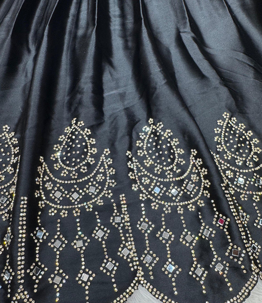Black Royal Satin Silk Lehenga Set with Real Mirror & Hotfix Work ClothsVilla