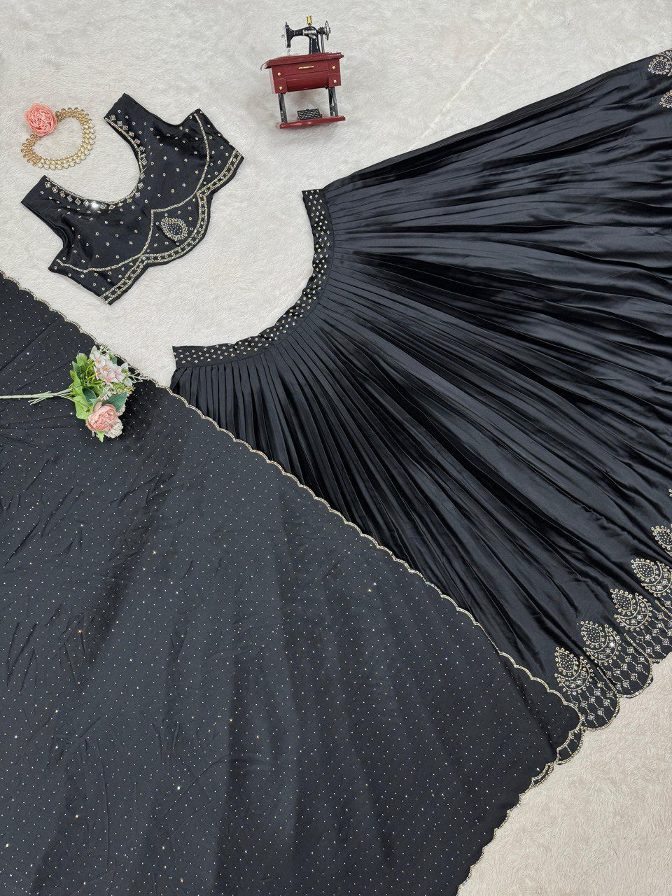 Black Royal Satin Silk Lehenga Set with Real Mirror & Hotfix Work ClothsVilla