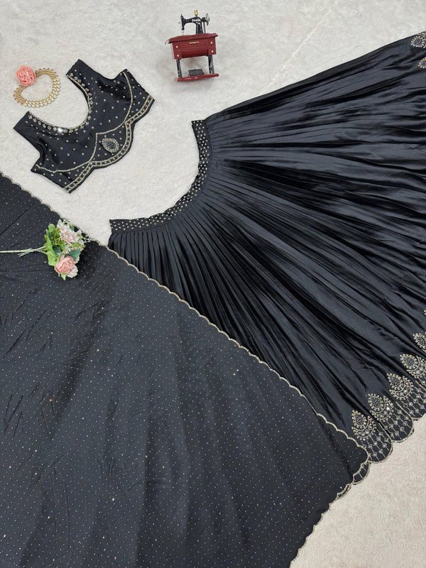 Black Royal Satin Silk Lehenga Set with Real Mirror & Hotfix Work ClothsVilla