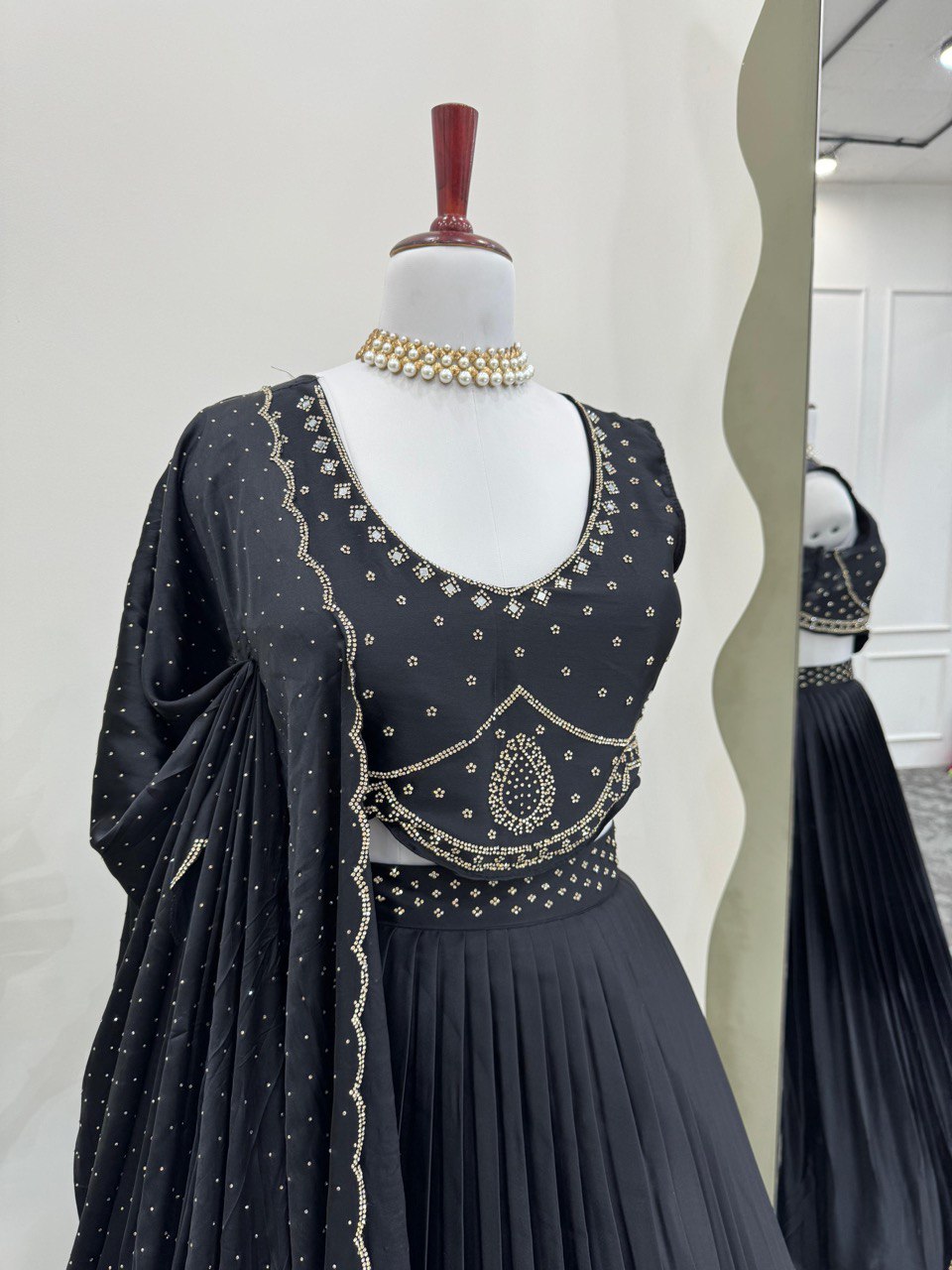 Black Royal Satin Silk Lehenga Set with Real Mirror & Hotfix Work ClothsVilla