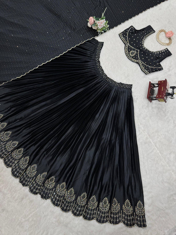 Black Royal Satin Silk Lehenga Set with Real Mirror & Hotfix Work ClothsVilla