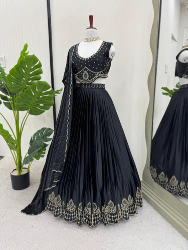Black Royal Satin Silk Lehenga Set with Real Mirror & Hotfix Work ClothsVilla