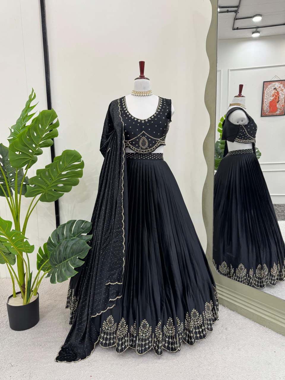 Black Royal Satin Silk Lehenga Set with Real Mirror & Hotfix Work ClothsVilla Main image