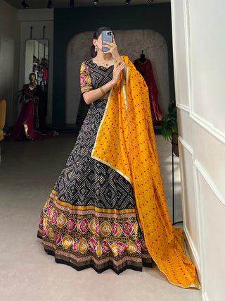 Black Royal Tussar Silk Lehenga Choli with Bandhej & Patola Prints – Perfect for Festive Functions