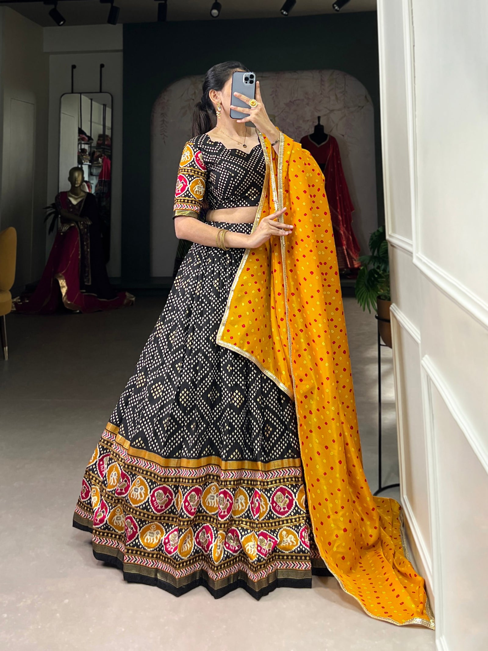 Black Royal Tussar Silk Lehenga Choli with Bandhej & Patola Prints – Perfect for Festive Functions