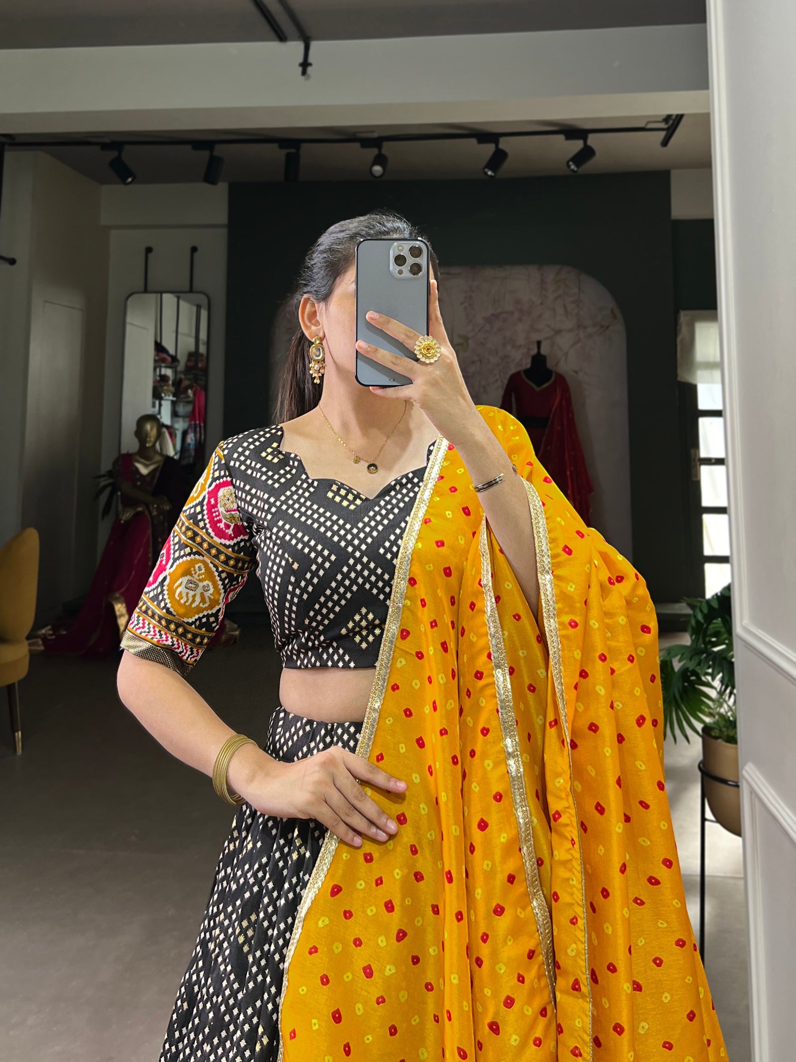 Black Royal Tussar Silk Lehenga Choli with Bandhej & Patola Prints – Perfect for Festive Functions