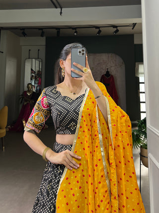 Black Royal Tussar Silk Lehenga Choli with Bandhej & Patola Prints – Perfect for Festive Functions