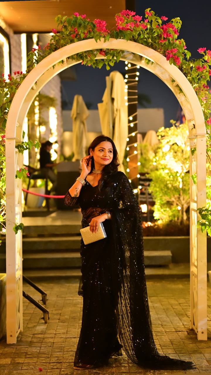 Black Net Saree with Heavy Sequins & Thread Work Secondary image
