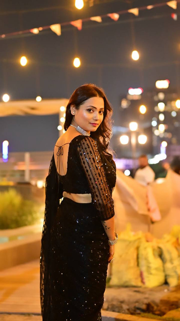 Black Saree Swag — Net Saree with Heavy Sequins & Thread Work ClothsVilla