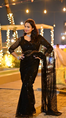 Black Saree Swag — Net Saree with Heavy Sequins & Thread Work ClothsVilla