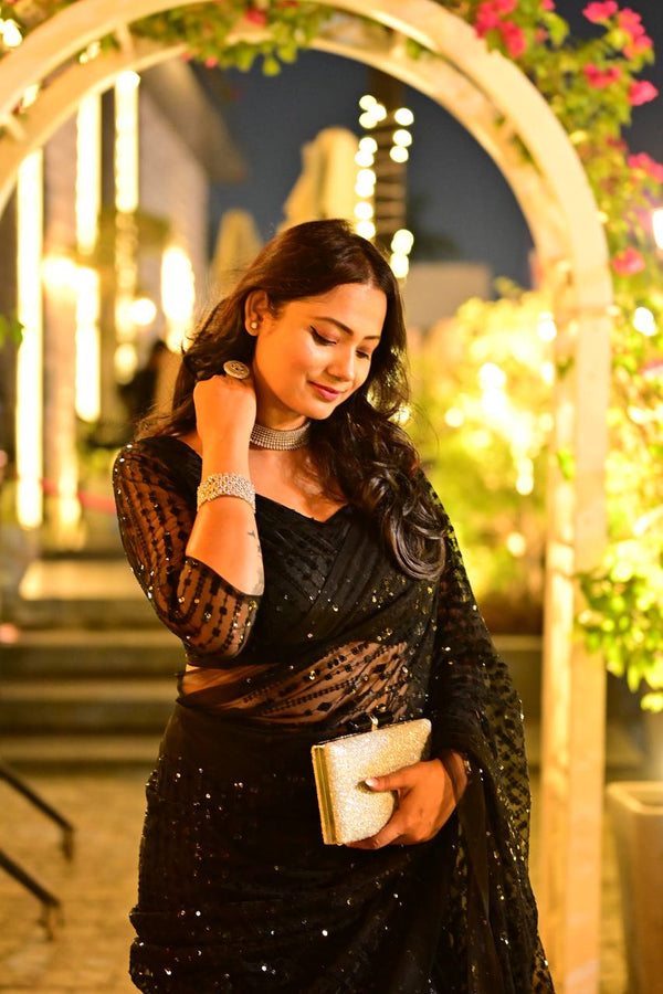 Black Saree Swag — Net Saree with Heavy Sequins & Thread Work ClothsVilla