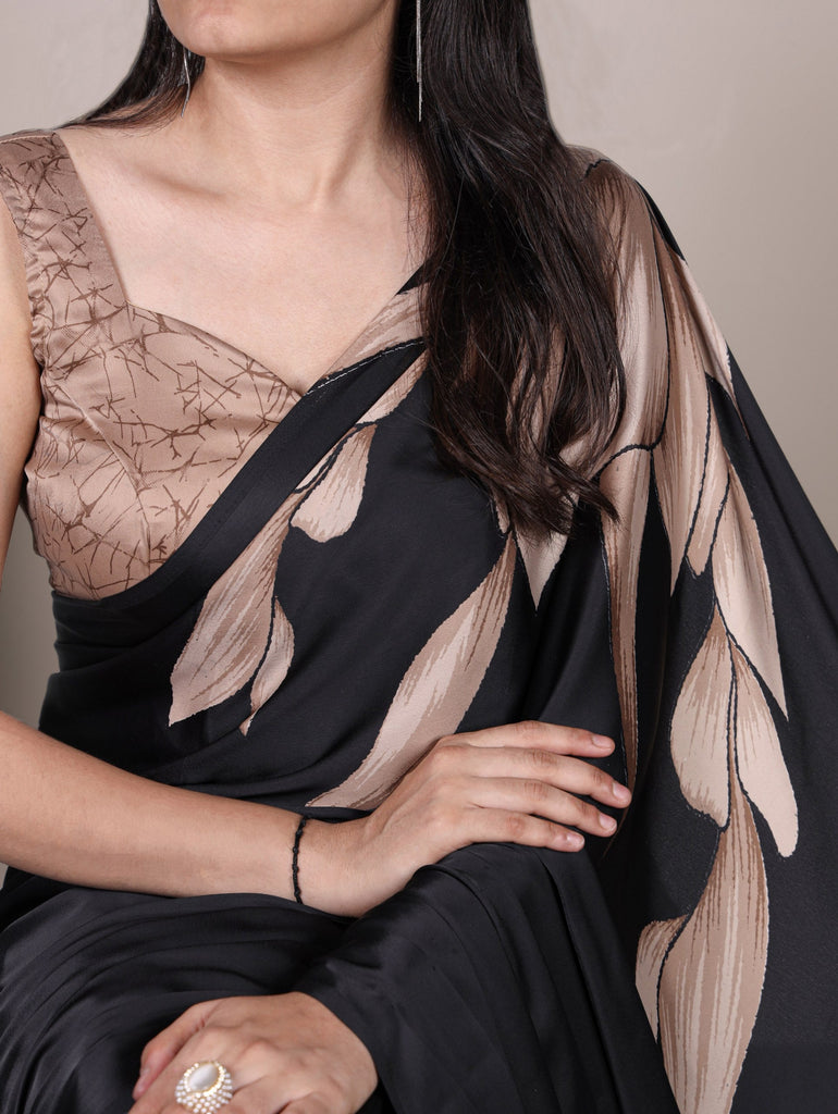 Black Satin Silk Floral Printed Saree with Matching Unstitched Blouse ClothsVilla