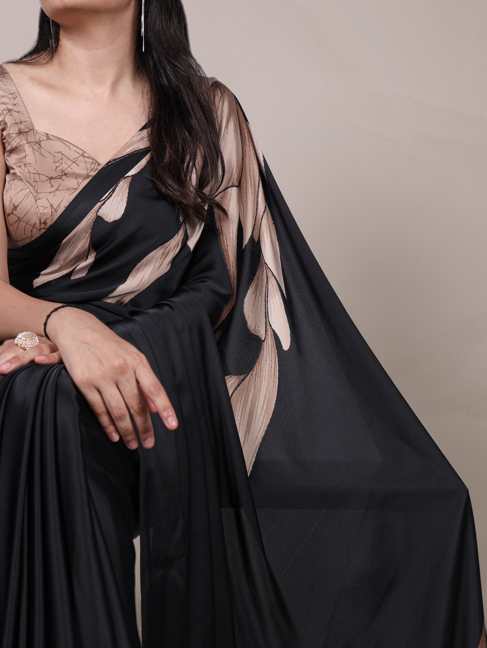 Black Satin Silk Floral Printed Saree with Matching Unstitched Blouse ClothsVilla