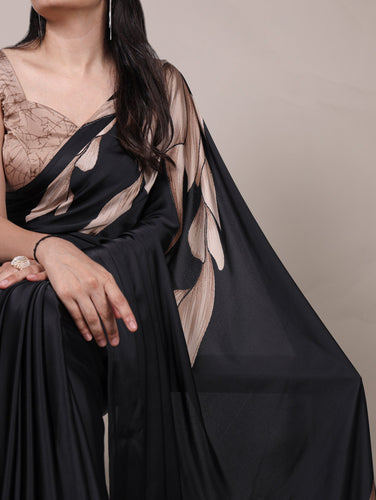Black Satin Silk Floral Printed Saree with Matching Unstitched Blouse ClothsVilla