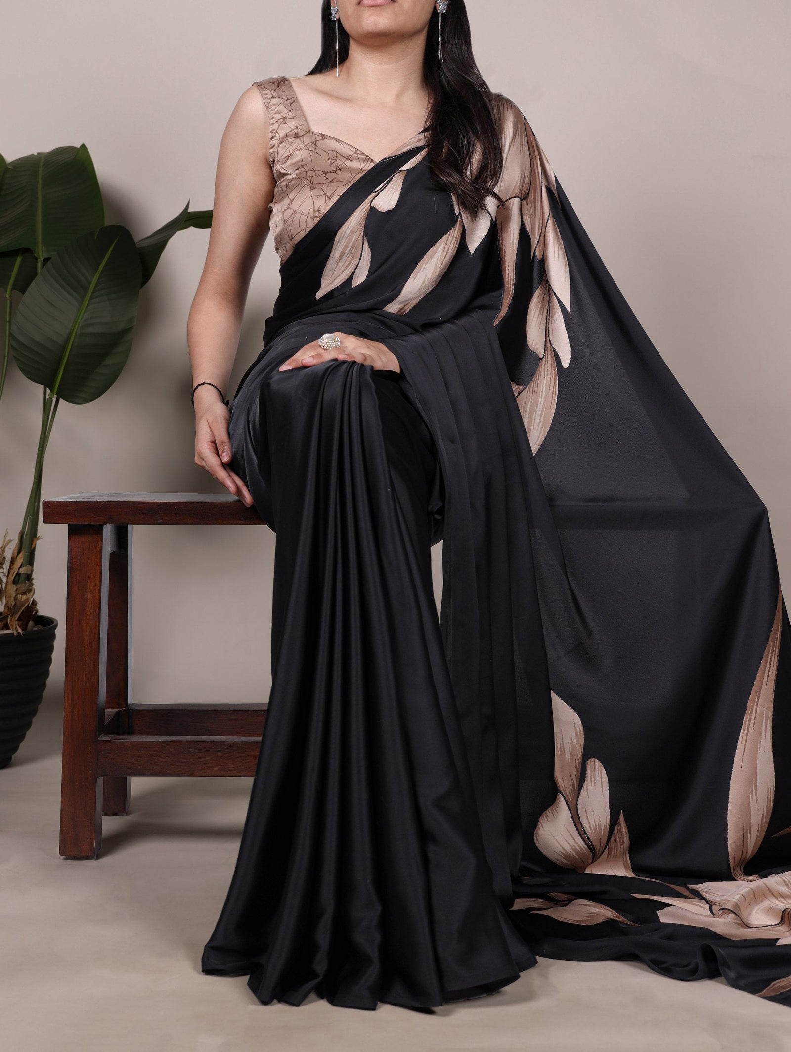 Black Satin Silk Floral Printed Saree with Matching Unstitched Blouse ClothsVilla