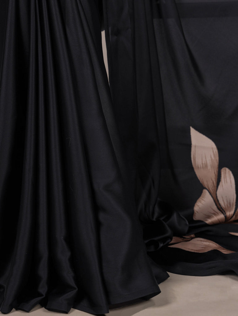 Black Satin Silk Floral Printed Saree with Matching Unstitched Blouse ClothsVilla