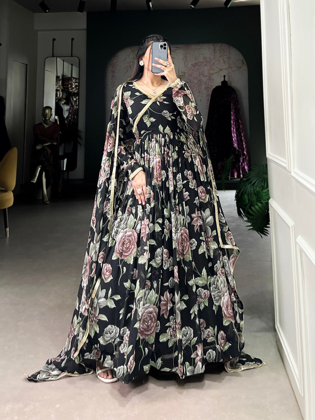 Black Sculpted Beauty Floral Print Marbel Gown with Lace Touch-Up Dupatta