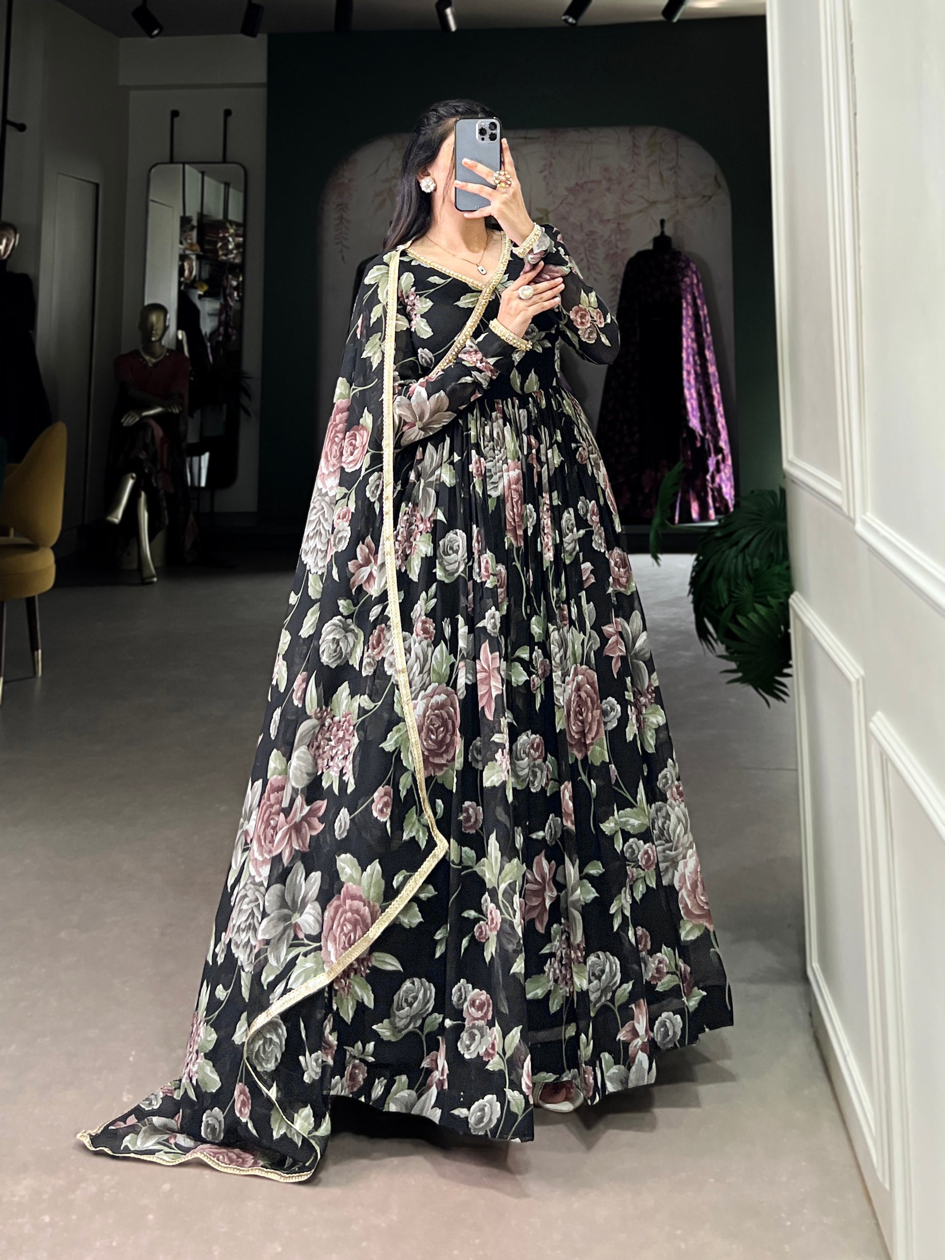 Black Sculpted Beauty Floral Print Marbel Gown with Lace Touch-Up Dupatta Secondary image