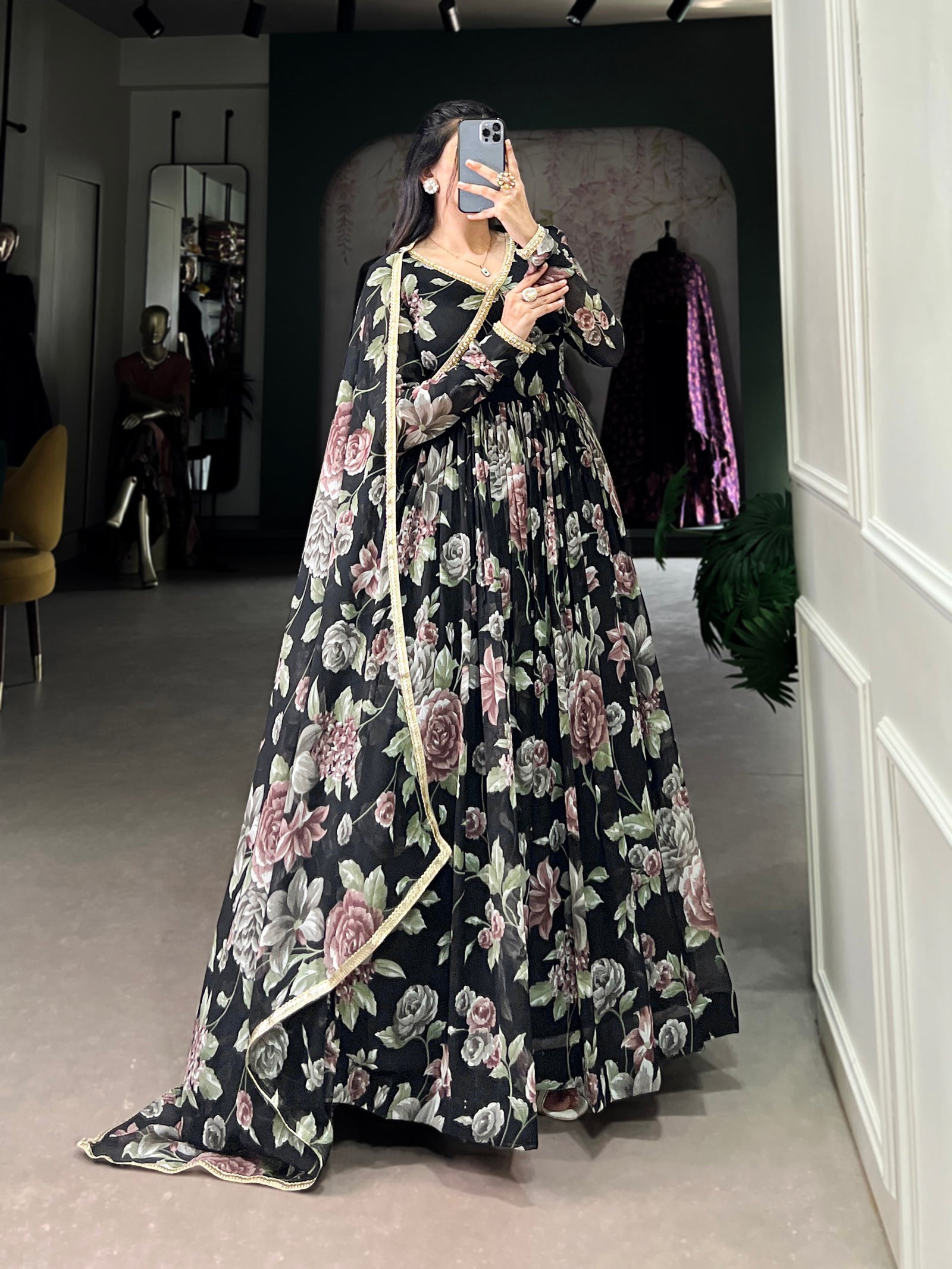Black Sculpted Beauty Floral Print Marbel Gown with Lace Touch-Up Dupatta