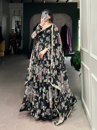 Black Sculpted Beauty Floral Print Marbel Gown with Lace Touch-Up Dupatta